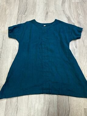 Linenbee Teal Blue Linen Tunic Top Cap Sleeve Lagenlook Minimalist